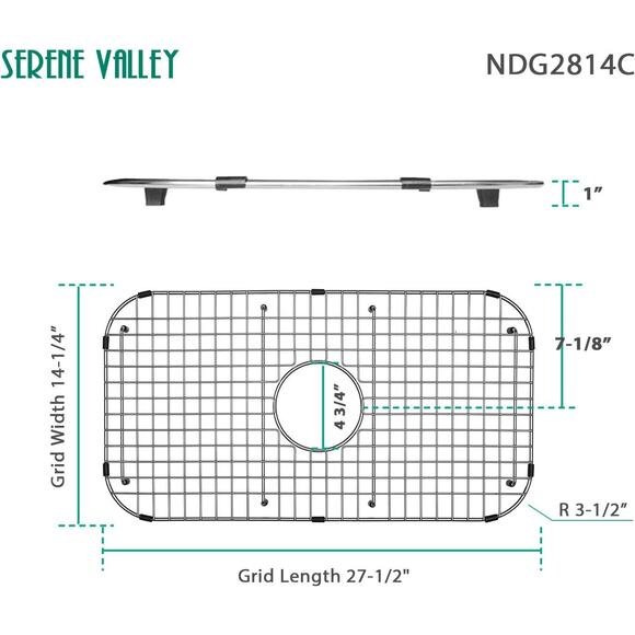 Serene Valley Sink Bottom Grid 27-1/2" x 14-1/4", Centered Drain, NDG2814C - Picture 2 of 6